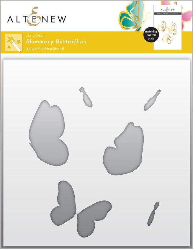 Altenew Shimmery Butterflies die, stencil, and hot foil plate bundle with butterfly designs for crafting and card making.