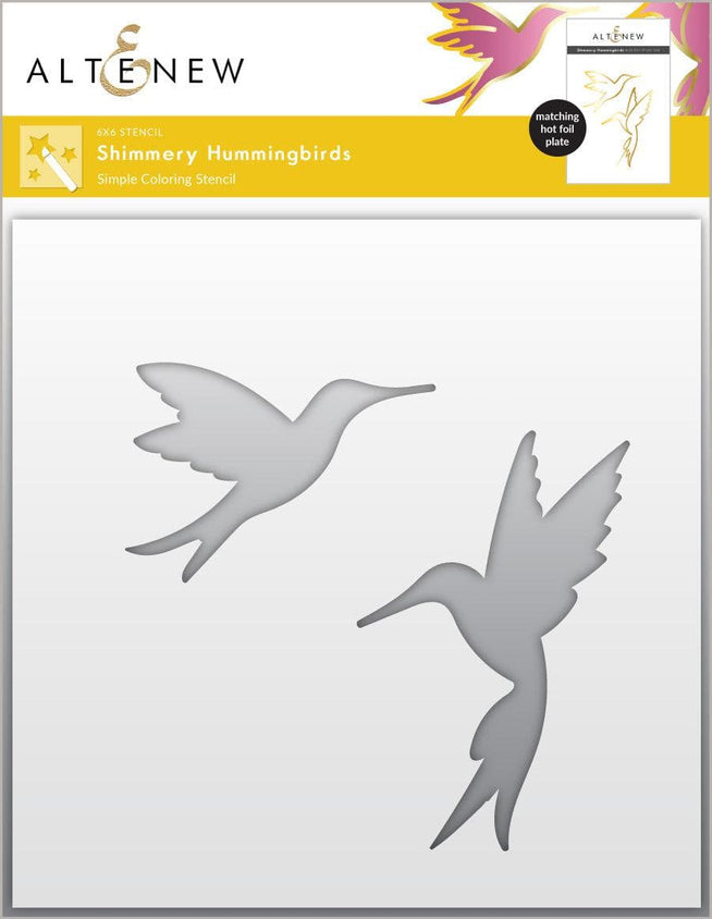 Altenew Shimmery Hummingbirds die, stencil, and hot foil plate bundle featuring elegant hummingbird designs and shimmering accents.