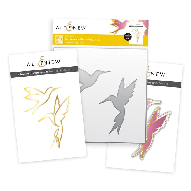 Altenew Shimmery Hummingbirds die, stencil, and hot foil plate bundle featuring elegant hummingbird designs for crafting projects.