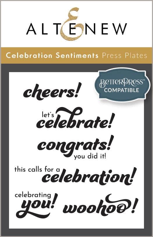Altenew Celebration Sentiments die and Betterpress plate bundle with elegant script and decorative accents for card making.