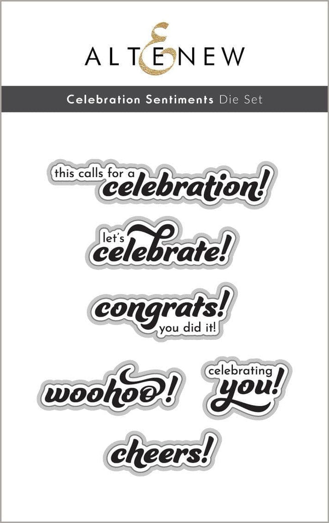 Altenew Celebration Sentiments die and Betterpress plate bundle with floral and celebratory designs for card making.
