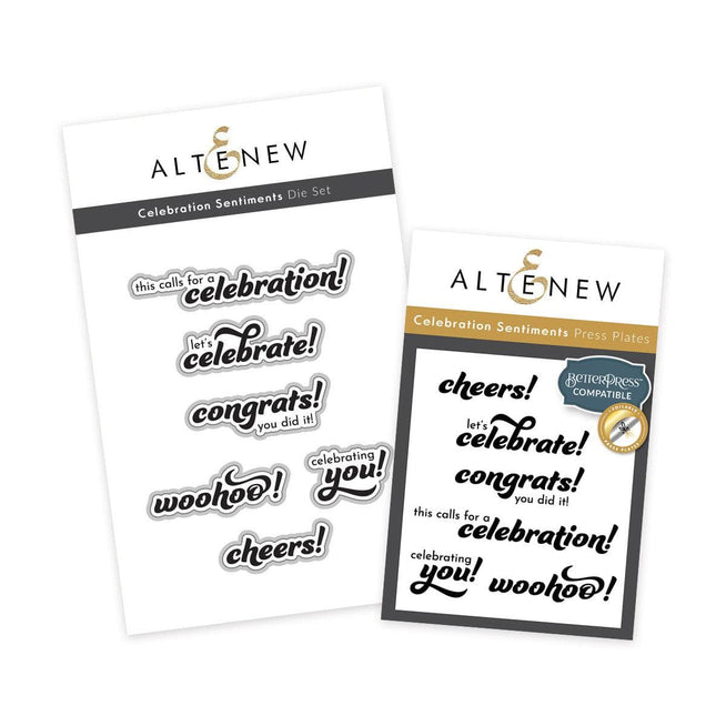 Altenew Celebration Sentiments die and Betterpress plate bundle for card making and crafting projects.