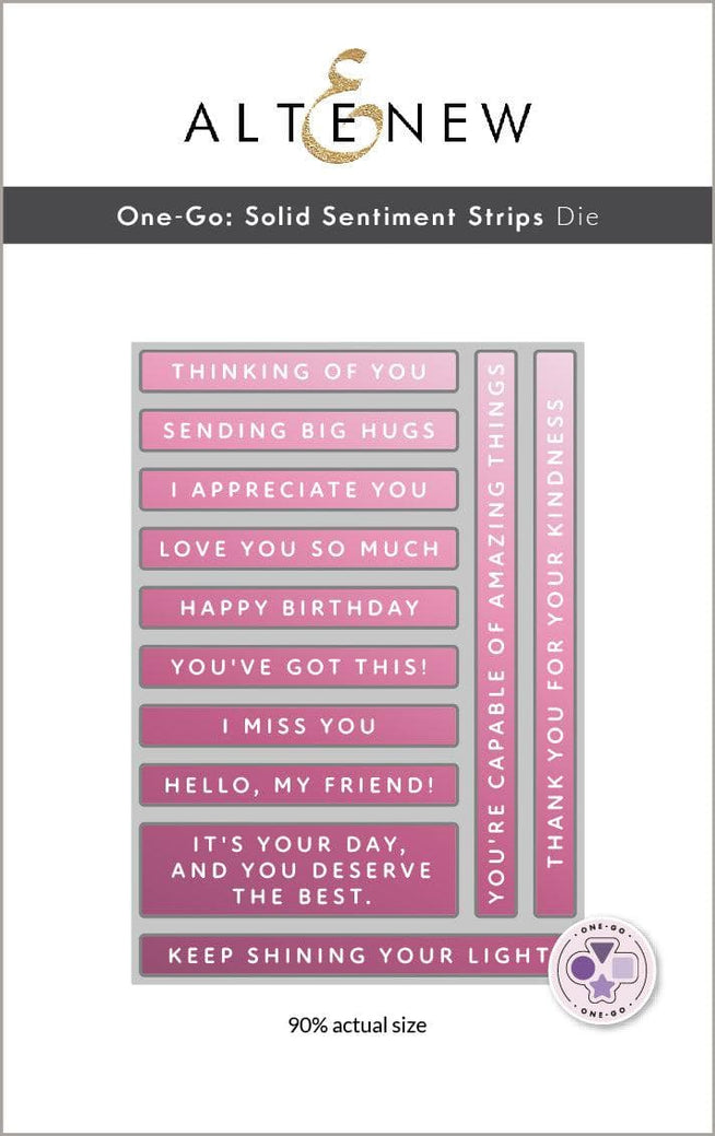 Altenew One-Go Solid Sentiment Strips with die and Betterpress plate bundle for card making and crafting projects.