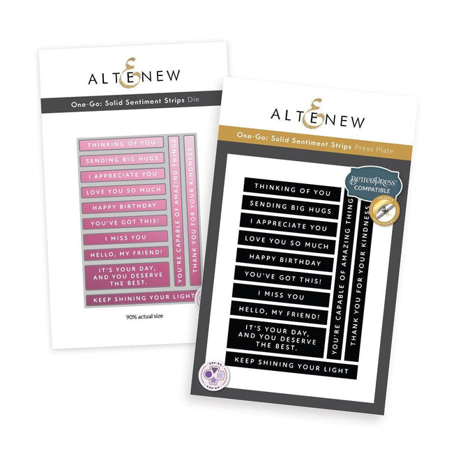 Altenew One-Go Solid Sentiment Strips die and Betterpress plate bundle for creating personalized greeting cards and crafts.