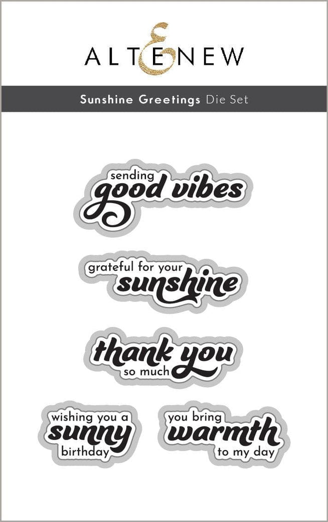 Altenew Sunshine Greetings die and Betterpress plate bundle with cheerful sun and greeting designs on a white background.
