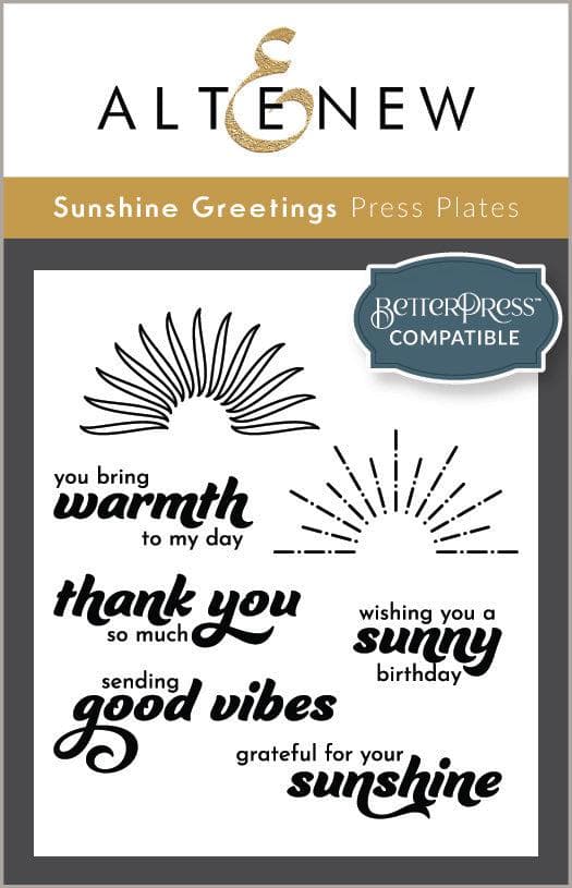 Altenew Sunshine Greetings die and Betterpress plate bundle with cheerful sun and greeting designs for card making and crafts.