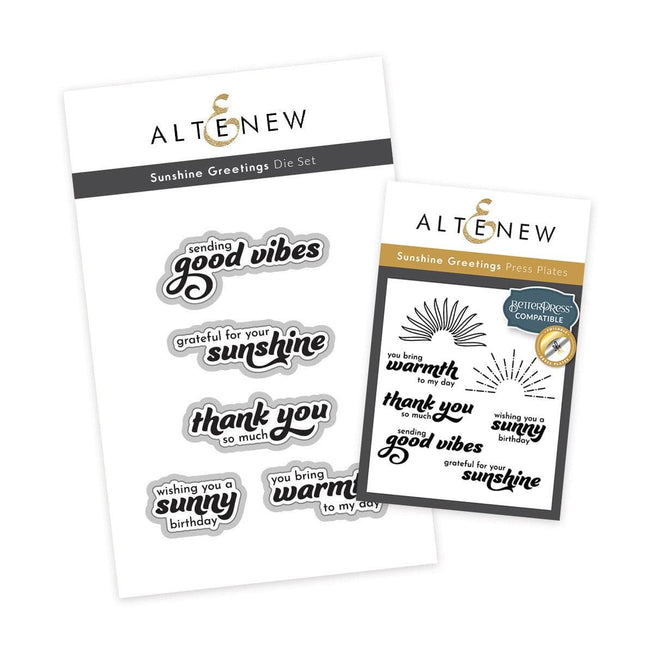 Altenew Sunshine Greetings die and Betterpress plate bundle with cheerful sun and greeting designs on white background.