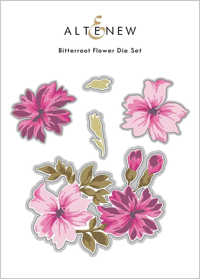 Altenew Bitterroot Flower Die Set with intricate metal dies for crafting and card making, featuring detailed floral designs.
