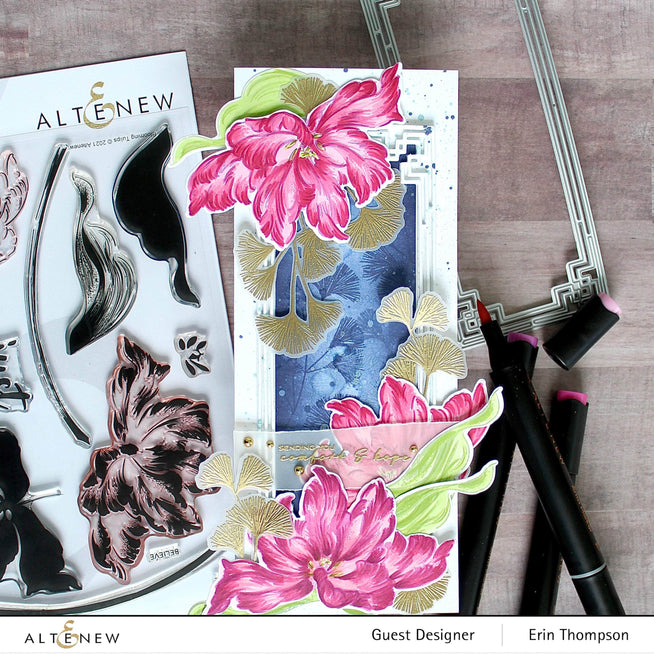 Altenew Blooming Tulips Die Set with intricately cut tulip flower and leaf designs for paper crafting and card making.