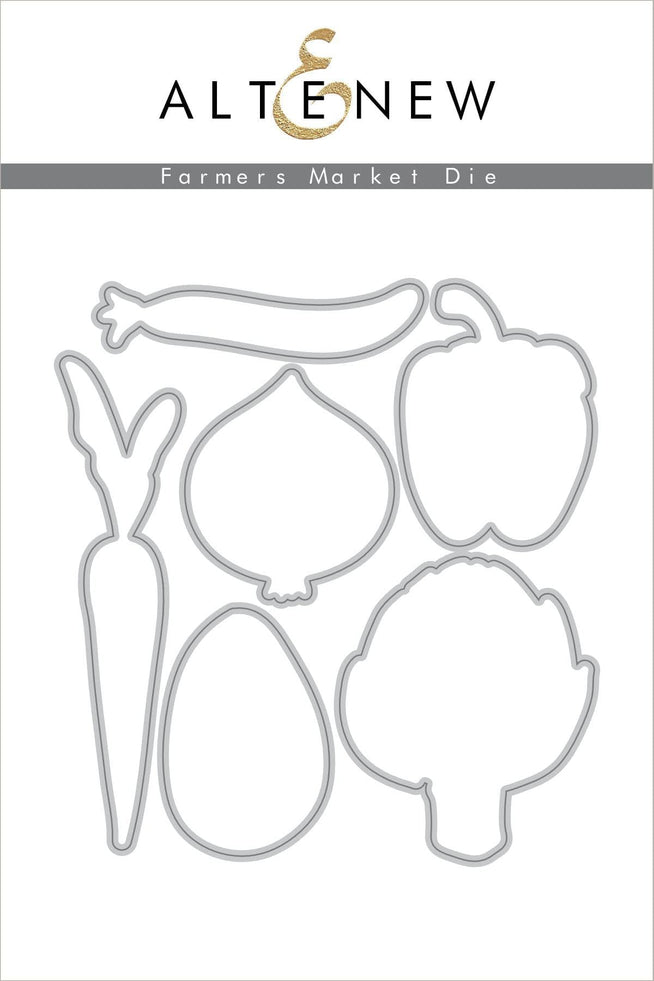 Altenew Farmers Market die set with metal dies for crafting and paper projects, featuring vegetable and produce shapes.