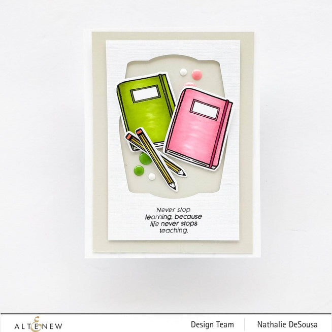 Altenew Handy Dandy Notebook Die Set showing metal cutting dies for creating notebook-themed paper crafts.