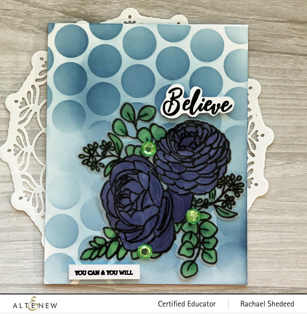 Altenew Happy Petals Die Set with intricately cut flower and leaf designs for crafting and card making projects.