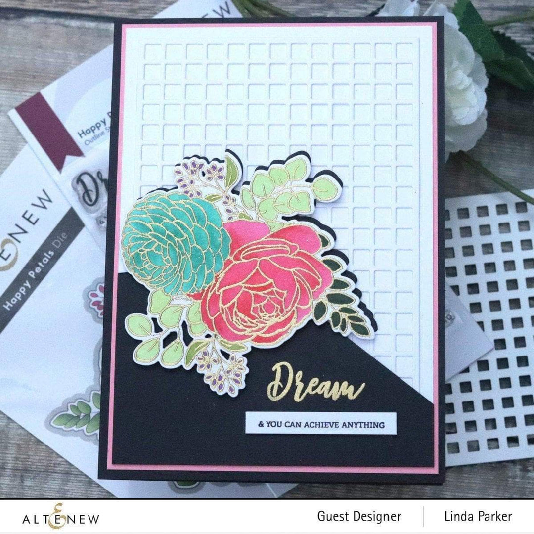 Altenew Happy Petals Die Set with floral-shaped metal dies for paper crafting and card making projects.