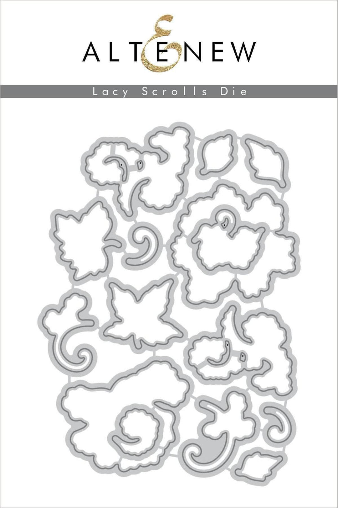 Altenew Lacy Scrolls Die Set featuring intricate scroll and floral patterns for card making and paper crafts.