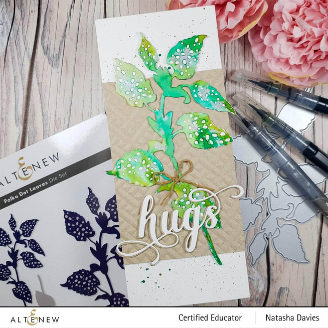 Altenew Polka Dot Leaves Die Set featuring intricate leaf-shaped metal dies with polka dot patterns for paper crafting and card making.