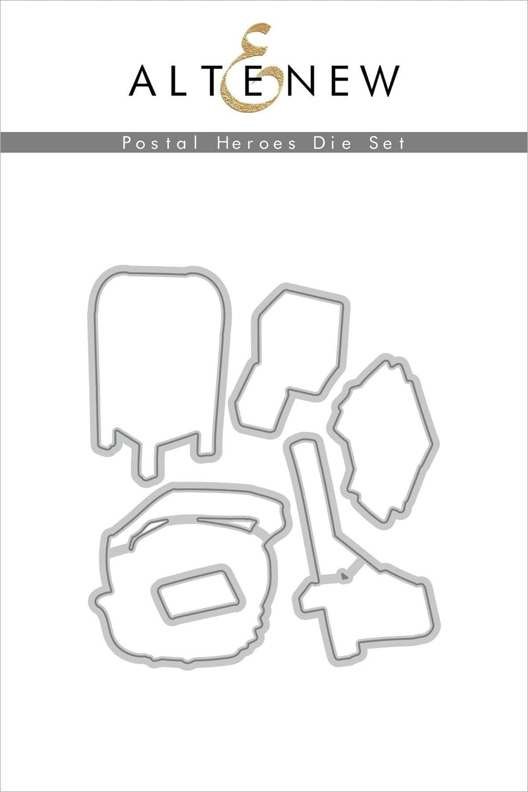 Altenew Postal Heroes Die Set showing metal dies for crafting postal-themed card making and scrapbooking projects.