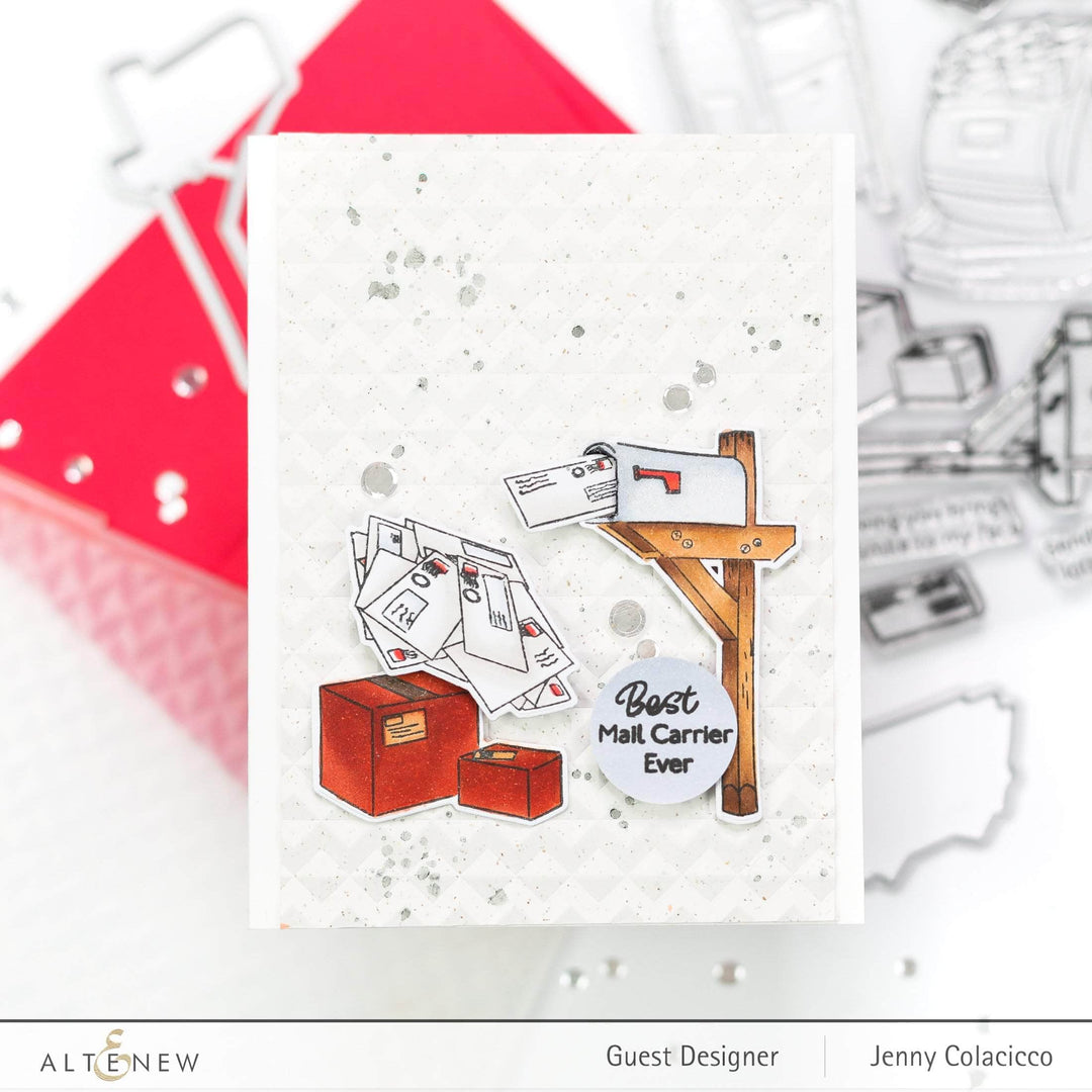 Altenew Postal Heroes Die Set featuring metal cutting dies for creating postal-themed craft projects and card embellishments.