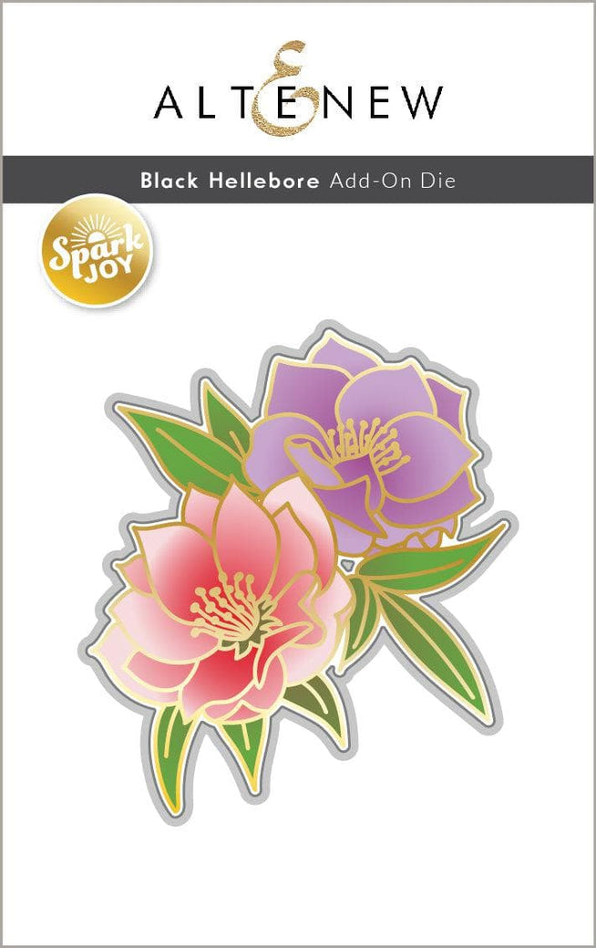 Altenew Spark Joy Black Hellebore Add-On Die Set with intricately cut floral dies for paper crafting projects.