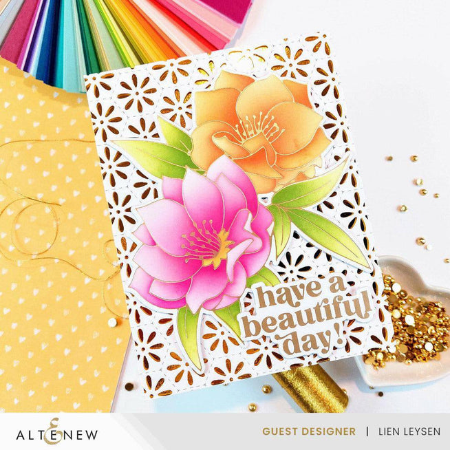 Altenew Spark Joy Black Hellebore Add-On Die Set for craft cutting and card-making, featuring detailed flower and leaf dies.