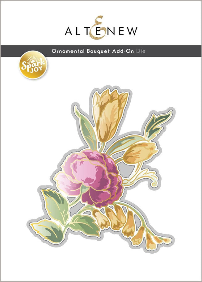 Altenew Spark Joy Ornamental Bouquet Add-on Die set for paper crafting and card making, featuring intricate floral die cuts.