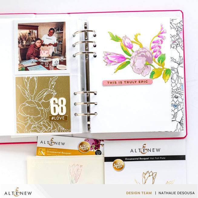 Altenew Spark Joy Ornamental Bouquet Add-on Die set featuring intricate floral and leaf die cuts for card making and craft projects.