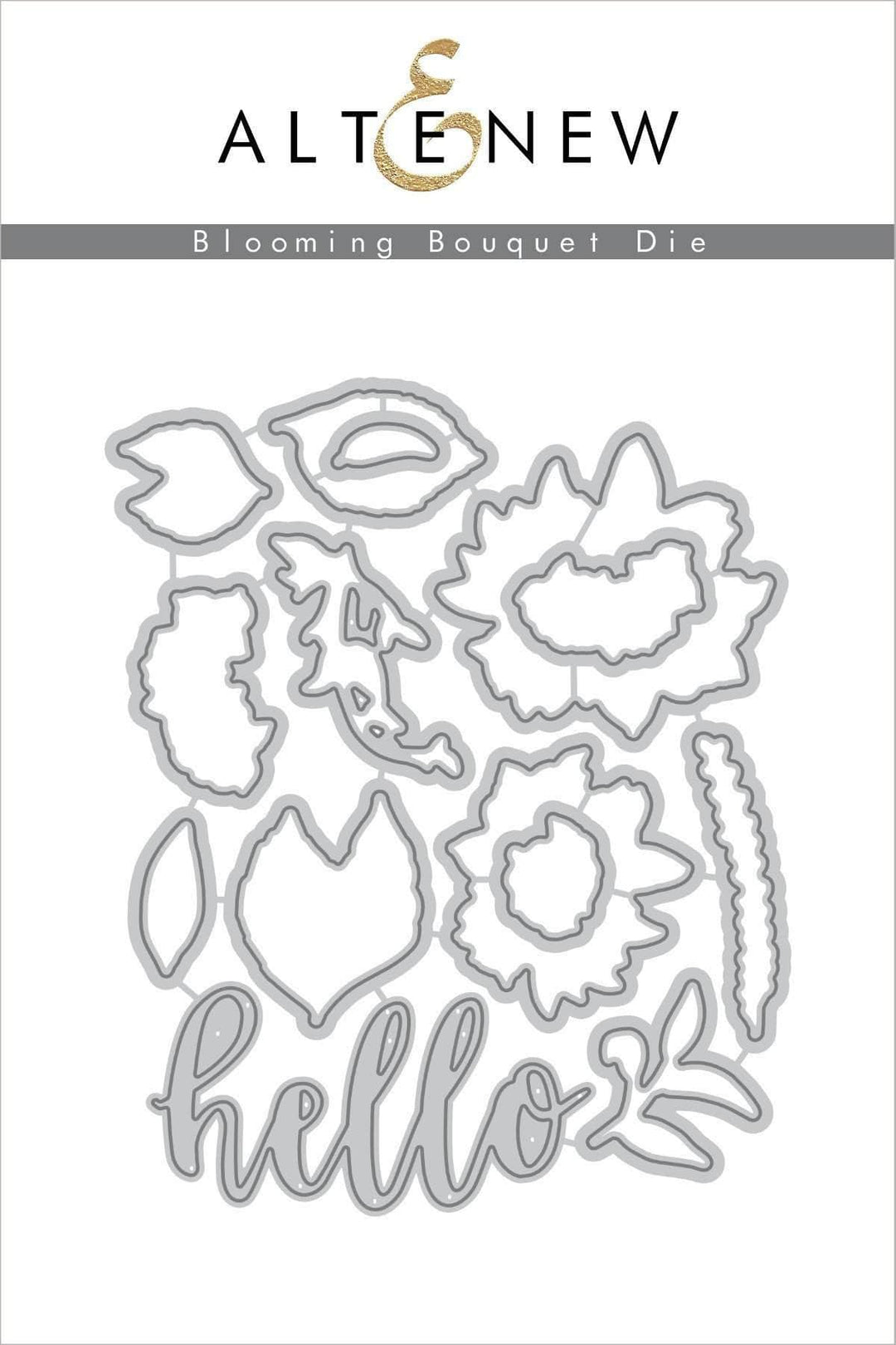 Altenew Blooming Bouquet die set with intricately designed metal dies for creating floral card embellishments.