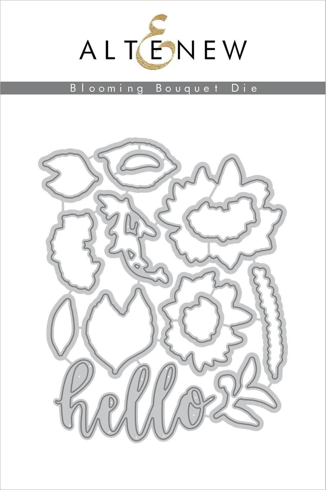 Altenew Blooming Bouquet die set with intricately designed metal dies for creating floral card embellishments.
