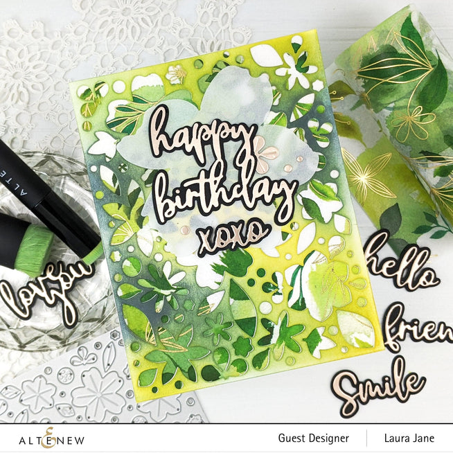 Altenew Zero-Waste 3D Floral Cover Die for crafting and card making, featuring intricate floral designs on metal dies.