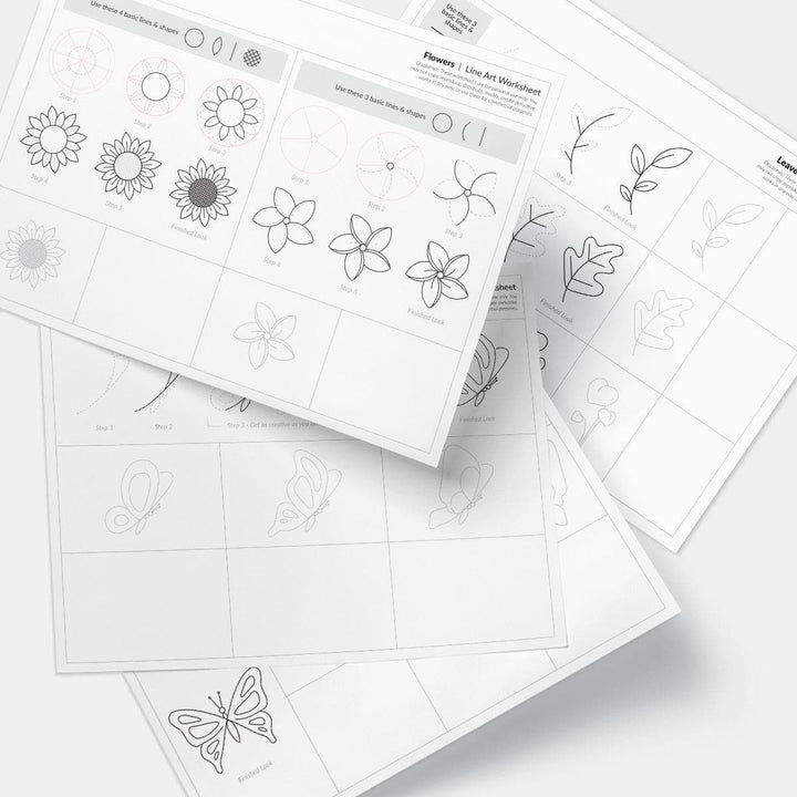 Free Line Art Worksheets for Drawing Leaves, Florals & Butterflies