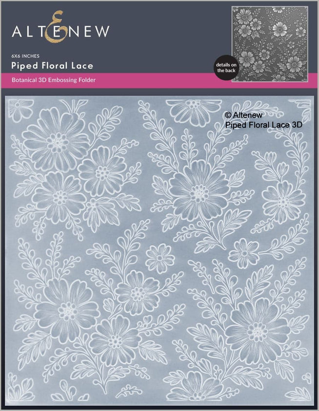 Altenew Piped Floral Lace 3D Embossing Folder with intricate floral lace pattern for crafting and card making.