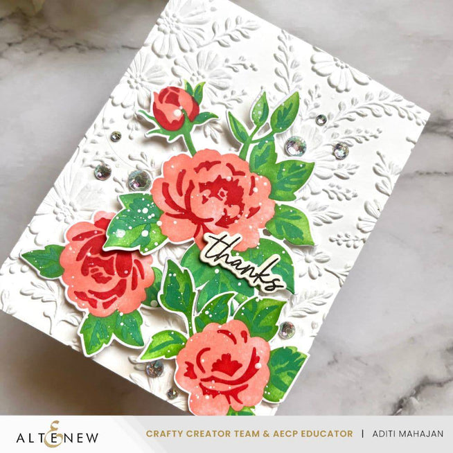 Altenew Piped Floral Lace 3D Embossing Folder with intricate floral lace design for crafting and card making.