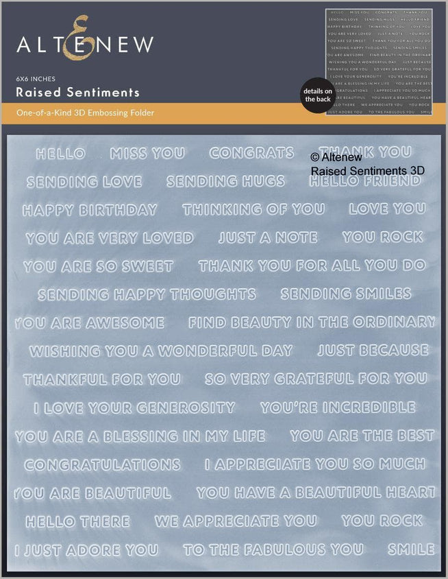 Altenew Raised Sentiments 3D Embossing Folder showcasing intricate raised floral and sentiment designs on paper.