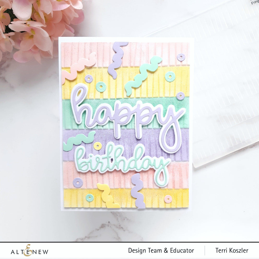 Altenew Fringe 3D Embossing Folder showing intricate fringe pattern design for paper crafting and embossing projects.