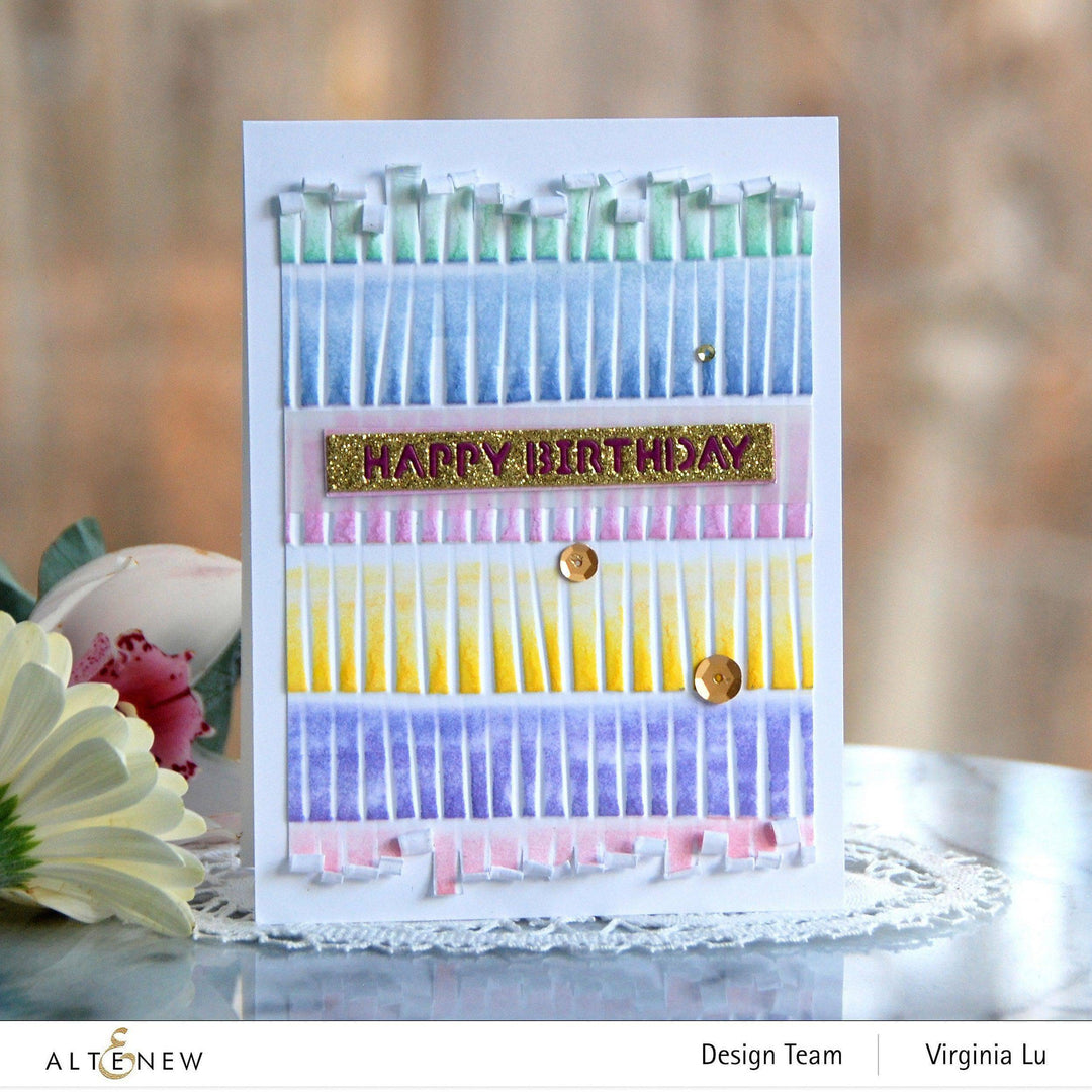 Altenew Fringe 3D Embossing Folder for crafting, showing textured floral fringe design on a white background.