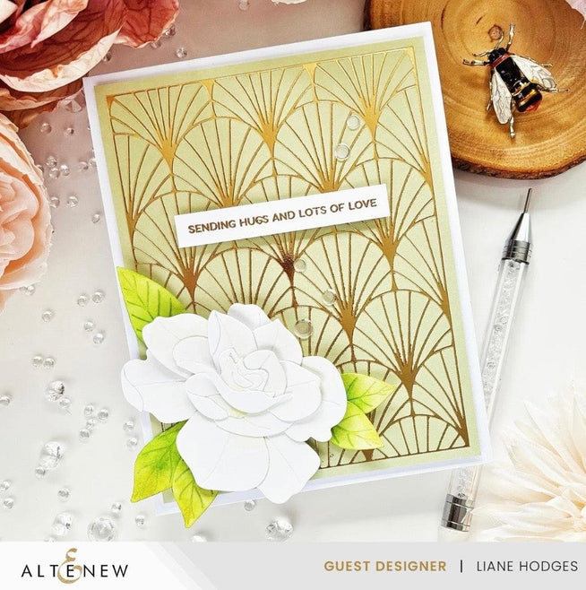 Altenew Deco Fan Hot Foil Plate showing a detailed decorative fan design on a metal plate for foil stamping.