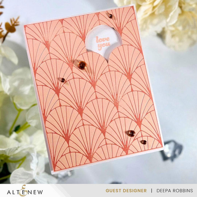 Altenew Deco Fan Hot Foil Plate showing intricate foil design on a metal plate for crafting and embossing projects.