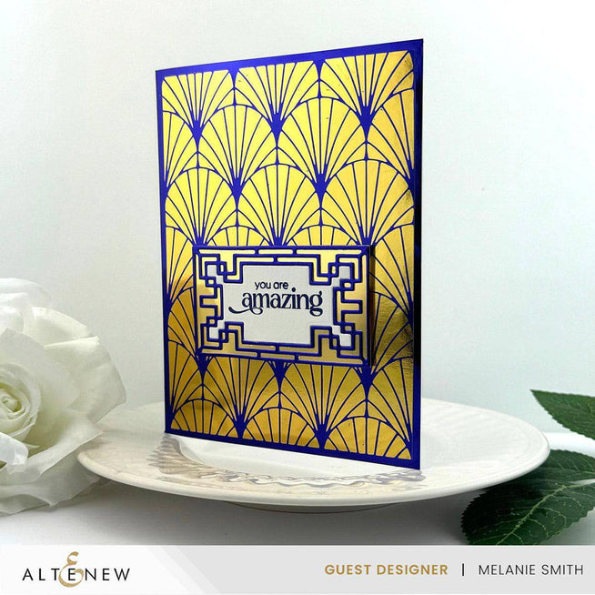 Altenew Deco Fan Hot Foil Plate displaying intricate fan-shaped design for foil stamping craft projects.