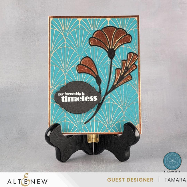 Altenew Deco Fan Hot Foil Plate showing intricate fan-shaped metal embossing for crafting and foil stamping projects.