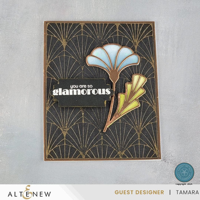 Altenew Deco Fan Hot Foil Plate showing intricate fan-shaped design for foil stamping crafts.