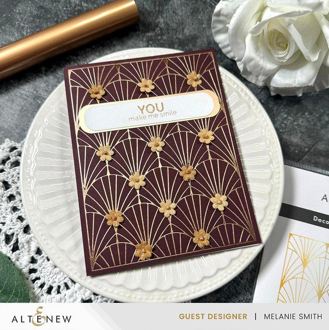 Altenew Deco Fan Hot Foil Plate featuring intricate fan design for decorative foil stamping on paper crafts.