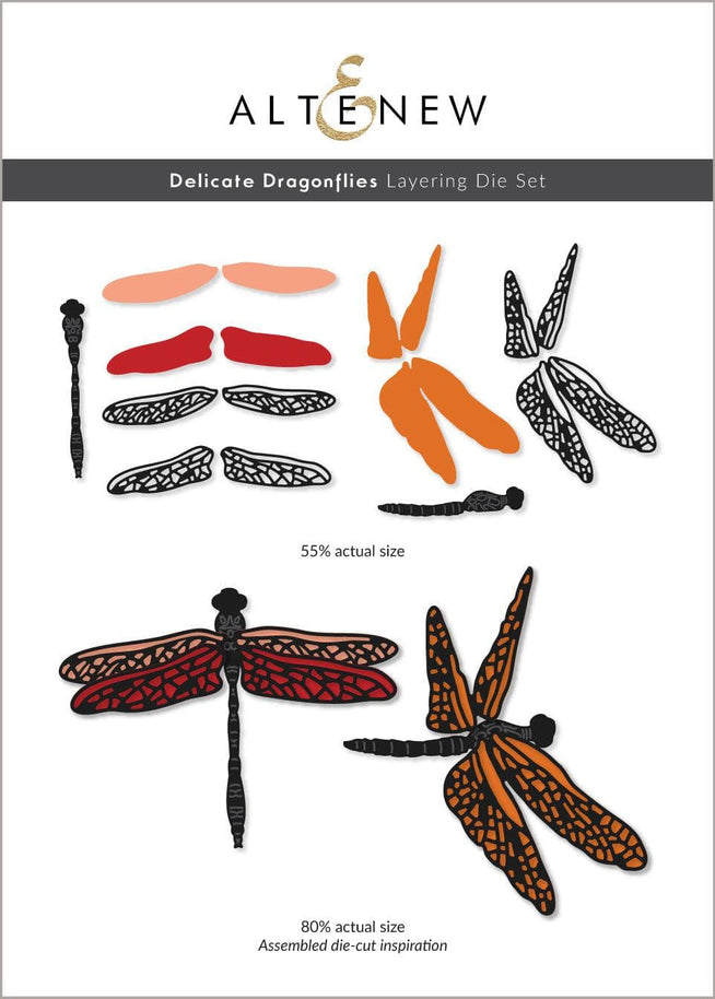 Altenew Delicate Dragonflies hot foil plate and die bundle with intricate dragonfly designs for crafting and card making.