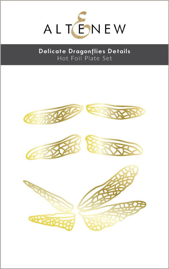 Altenew delicate dragonflies hot foil plate and die bundle showcasing intricate dragonfly designs on a craft background.