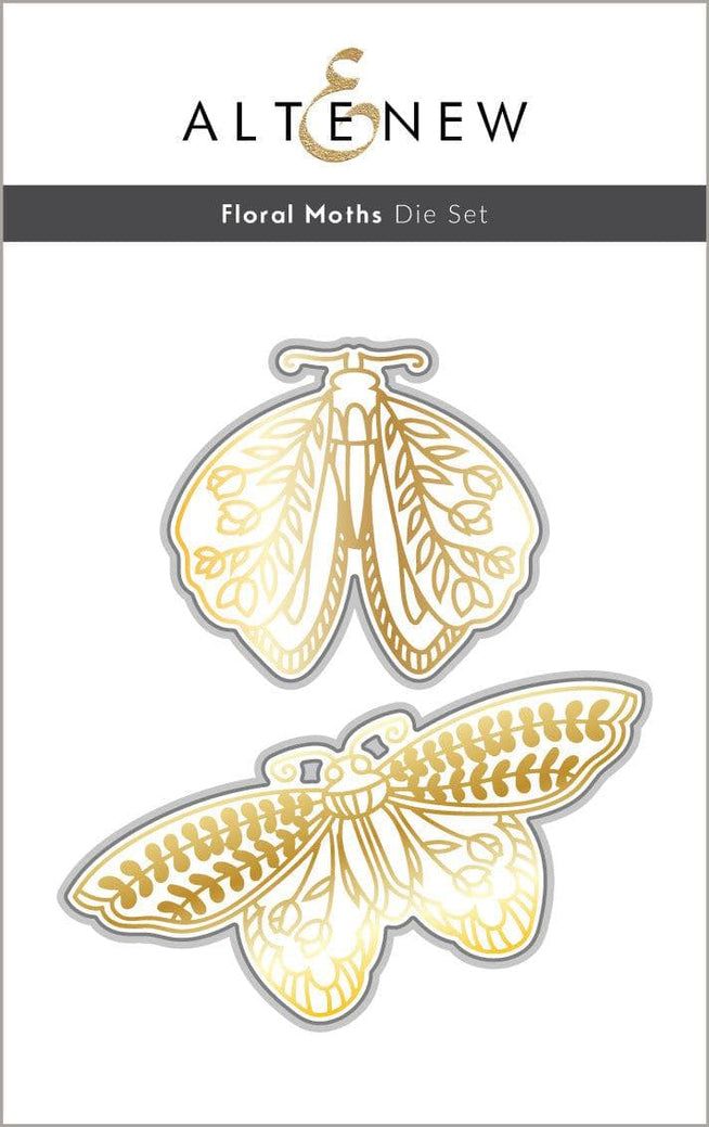 Altenew Floral Moths hot foil plate and die bundle featuring intricate moth and floral designs for crafting projects.