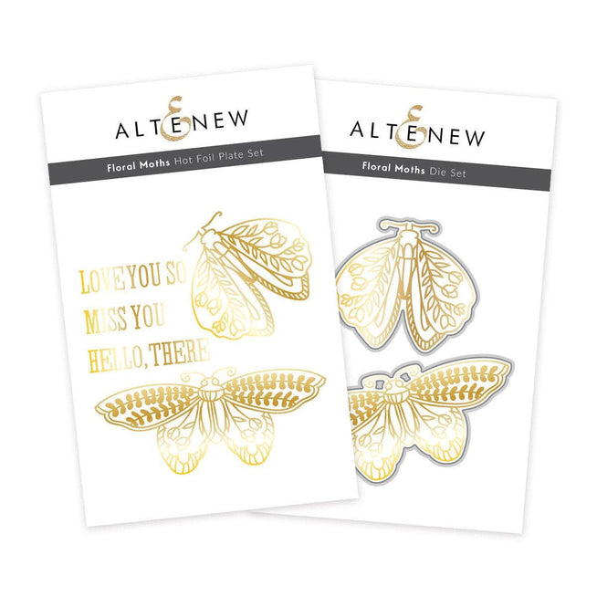 Altenew floral moths hot foil plate and die bundle with intricate moth and floral designs on metal crafting plates.