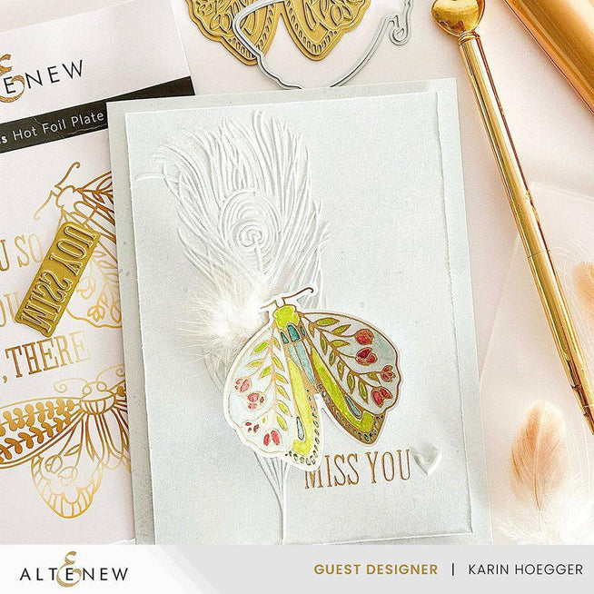Altenew Floral Moths hot foil plate and die bundle featuring intricate moth and floral designs for paper crafting.