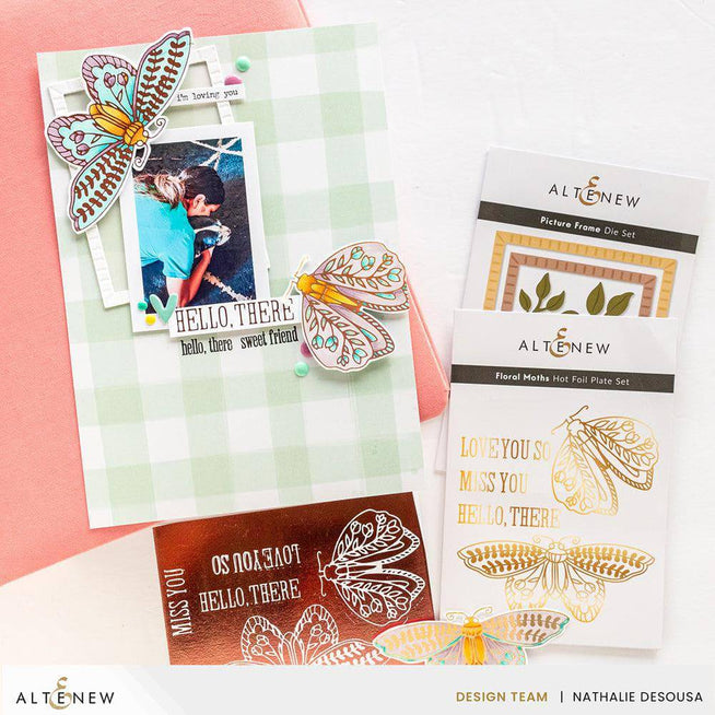 Altenew floral moths hot foil plate and die bundle featuring intricate moth and floral designs for crafting projects.