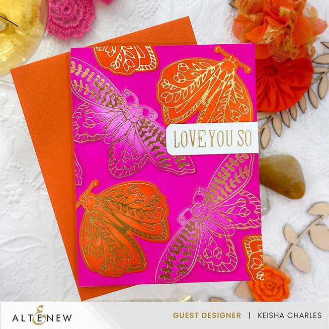 Altenew Floral Moths hot foil plate and die bundle featuring intricate moth designs for elegant paper crafts and card making.