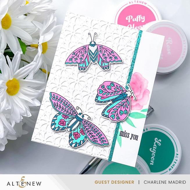 Altenew Floral Moths hot foil plate and die bundle featuring intricate moth and floral designs for crafting and card making.
