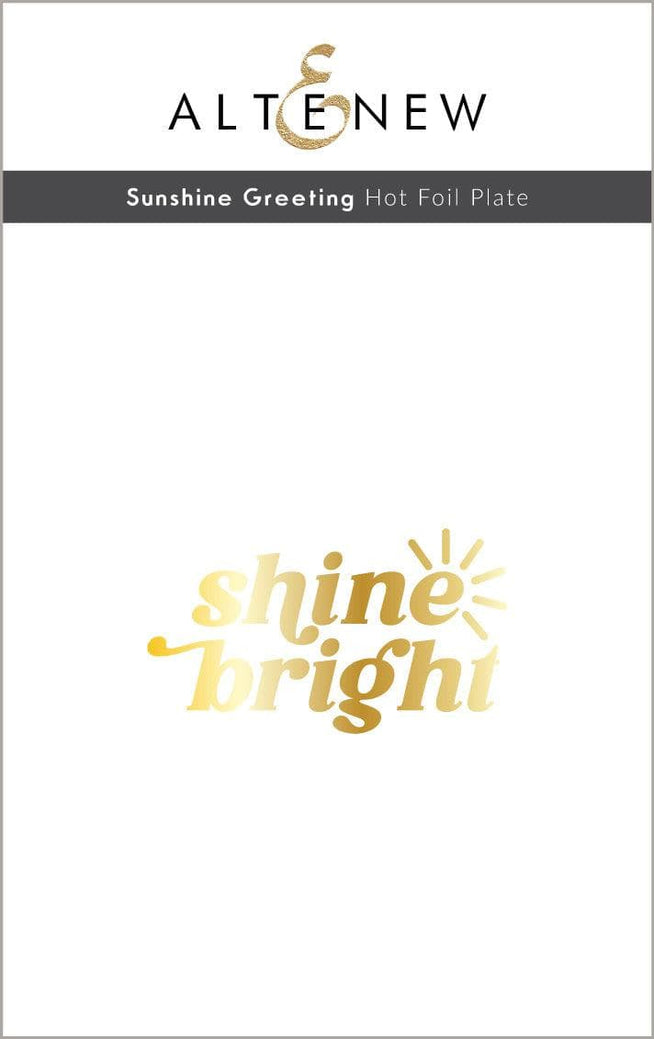 Altenew Sunshine Greeting hot foil plate and die bundle with sun-themed design on metal crafting supplies.