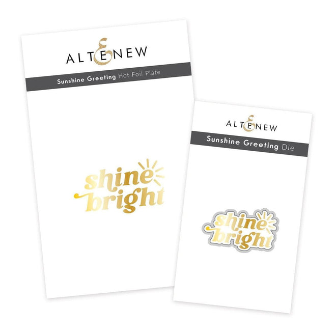 Altenew Sunshine Greeting hot foil plate and die bundle with bright sunburst design for card making and crafts.